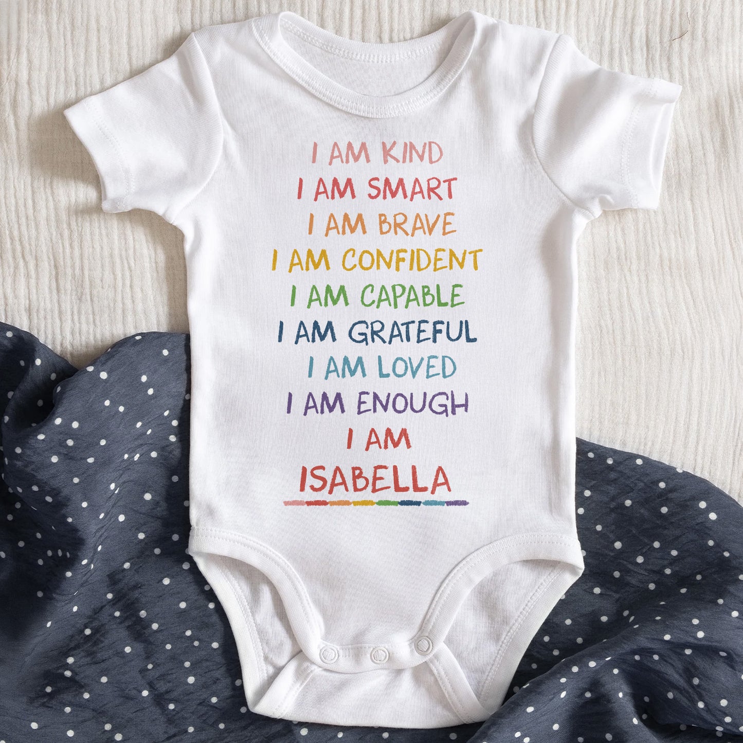 I Am Kind, I Am Smart, I Am Brave, Colorful Text Baby Onesie
