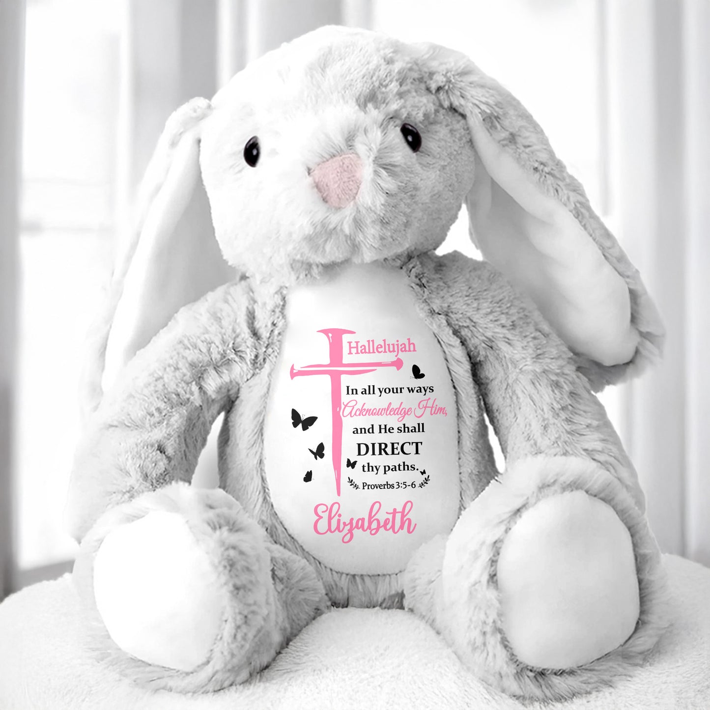 Hallelujah In All Your Ways Acknowledge Him, Bible Verse And Butterflies - Personalized Stuffed Bunny - GRK020_BUN