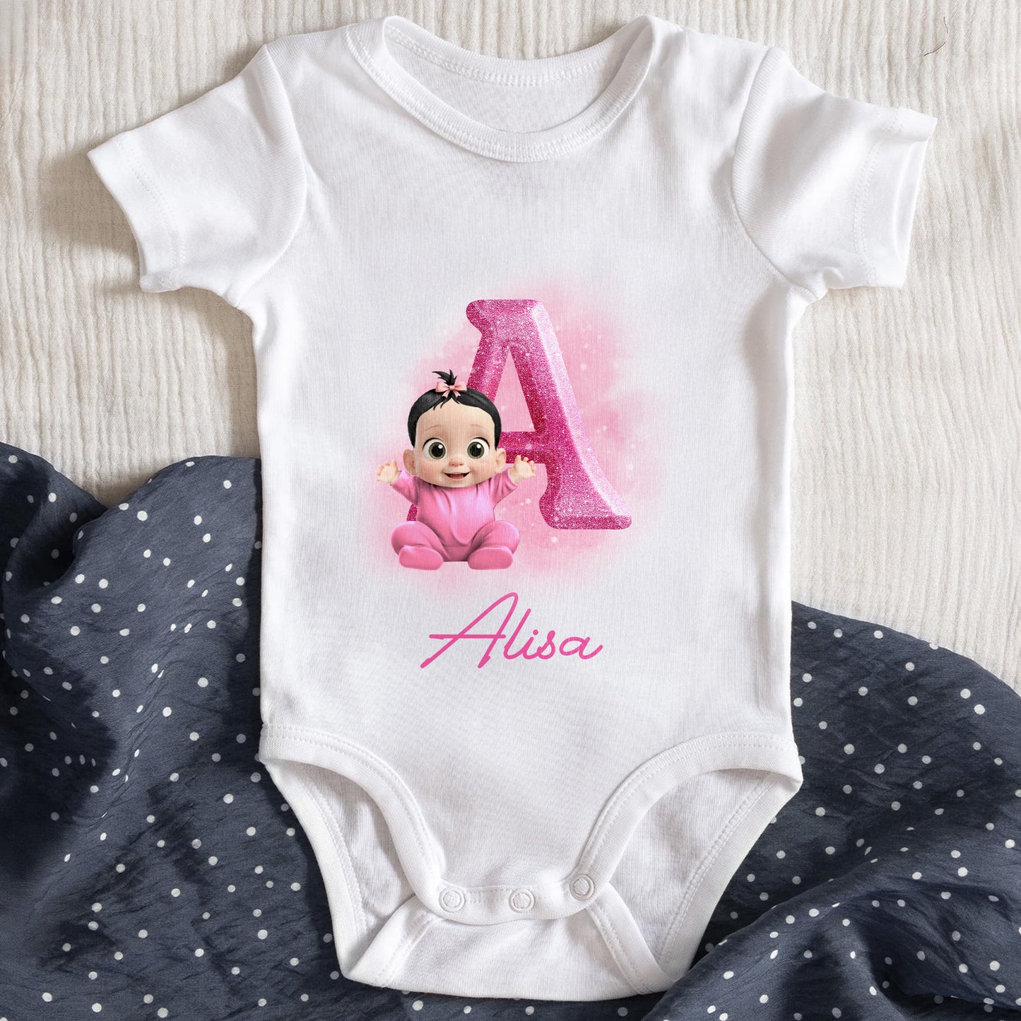Cute Baby Girl Onesie With Animated Character and Initial