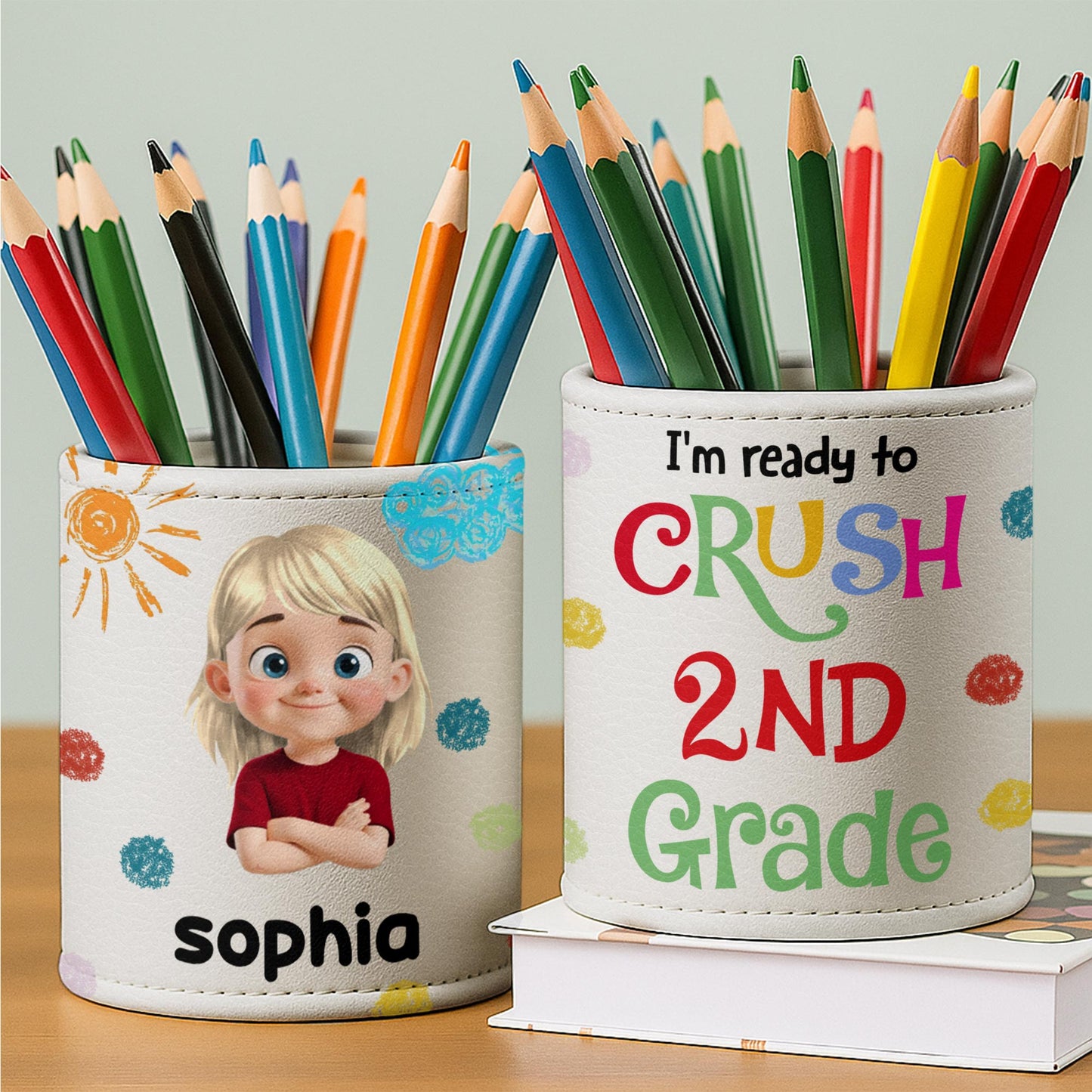 Colorful Handprints And Cute Cartoon Character - Personalized Pen Holder - GRK050_PENH