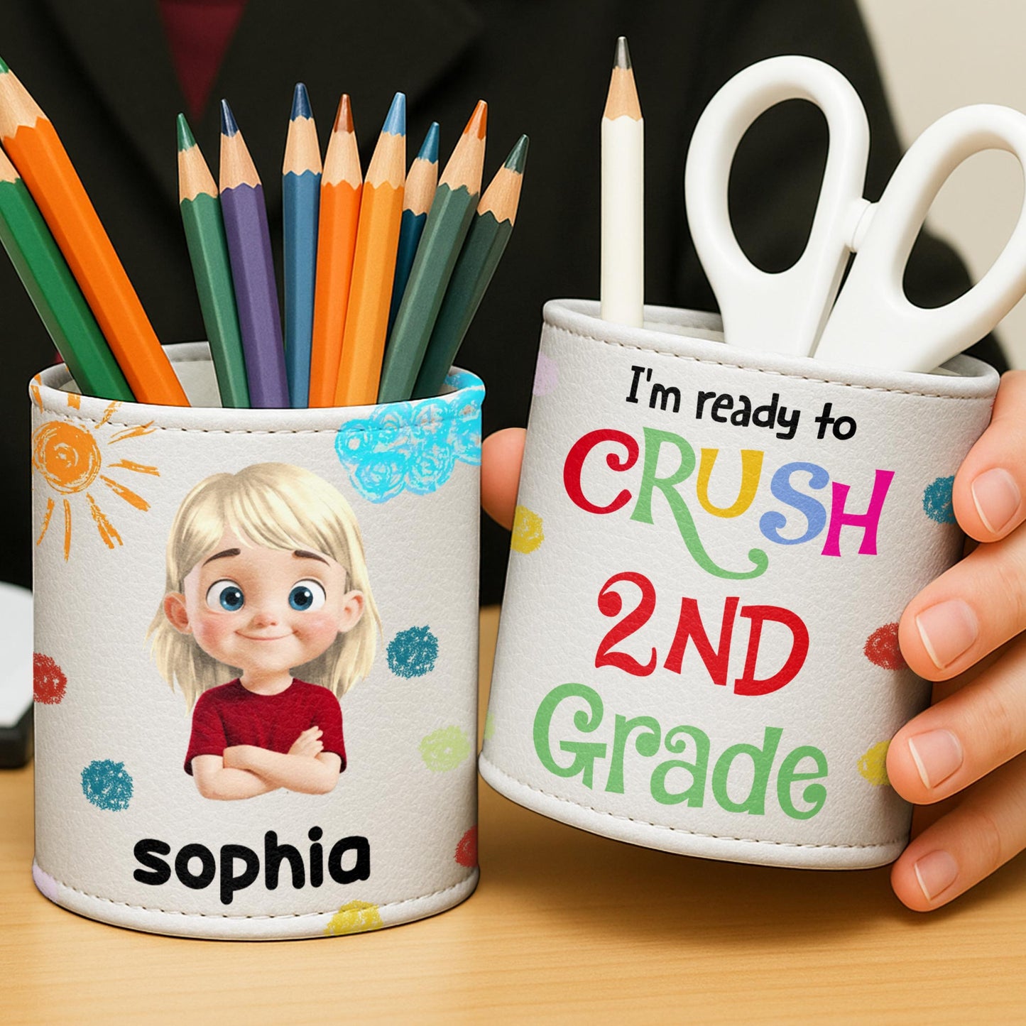 Colorful Handprints And Cute Cartoon Character - Personalized Pen Holder - GRK050_PENH