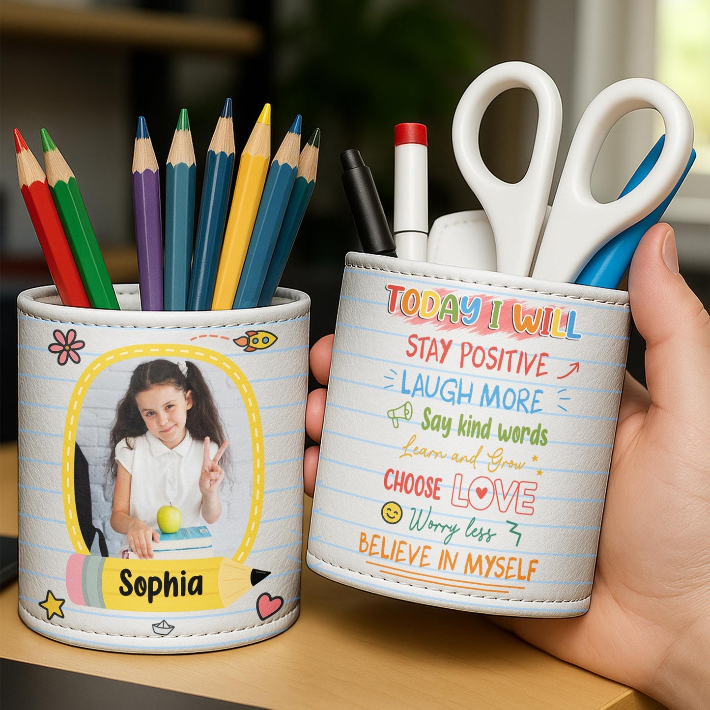 Capture The Joyous School Moments, Heart And Apple Design - Personalized Pen Holder - GRK055_PENH