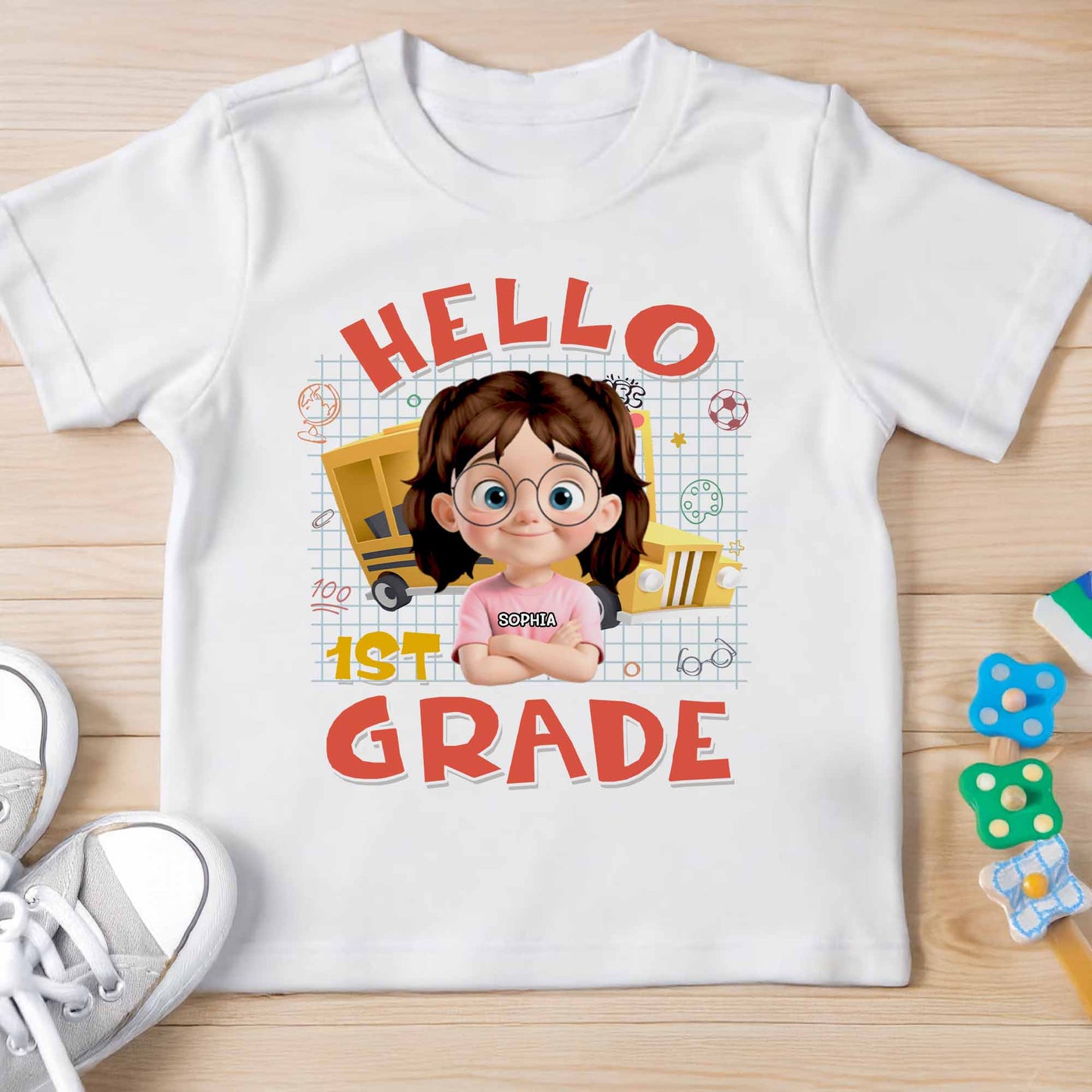 Hello 1st Grade, School Supplies, Cartoon Girl