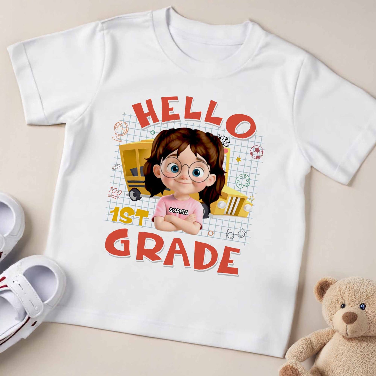 Hello 1st Grade, School Supplies, Cartoon Girl