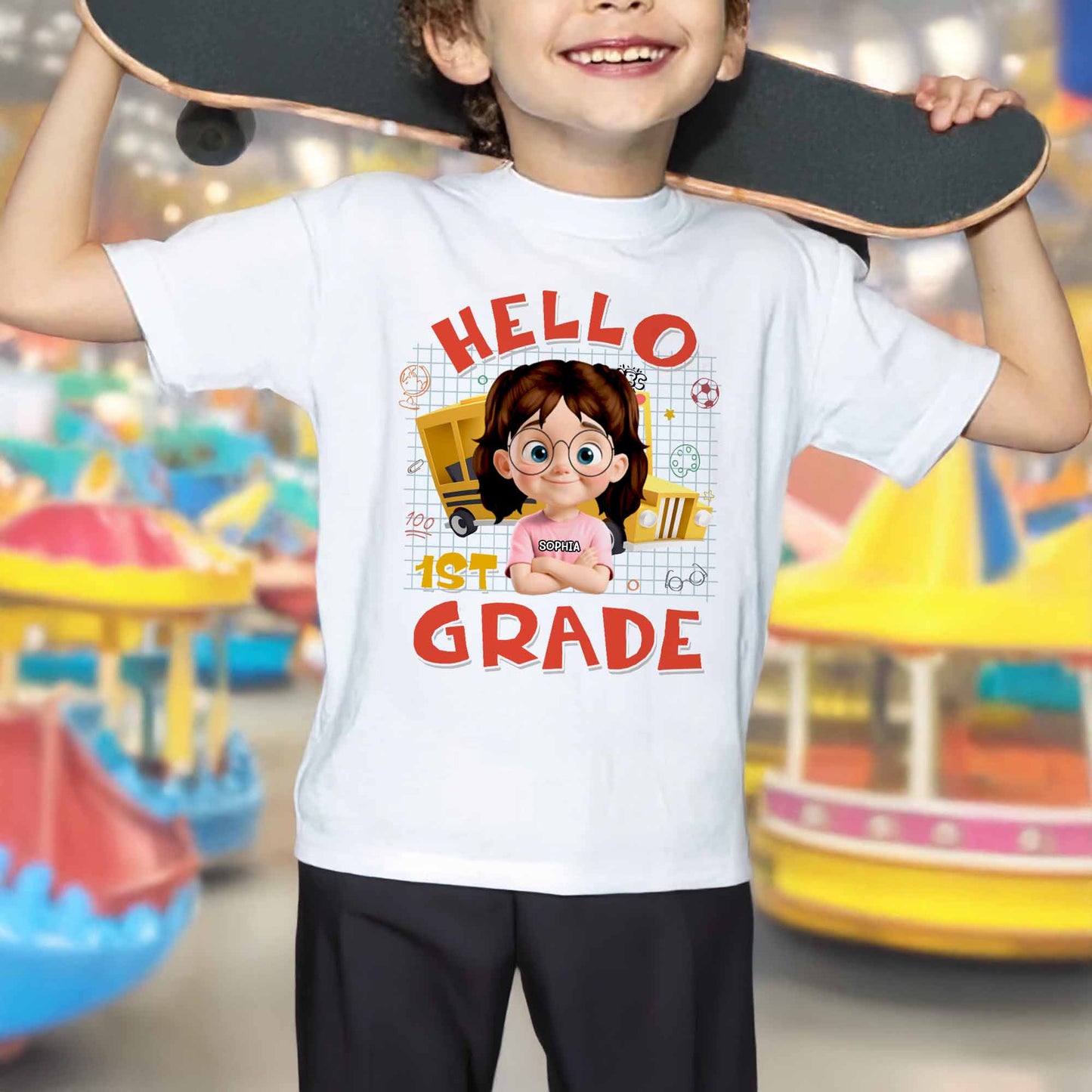 Hello 1st Grade, School Supplies, Cartoon Girl