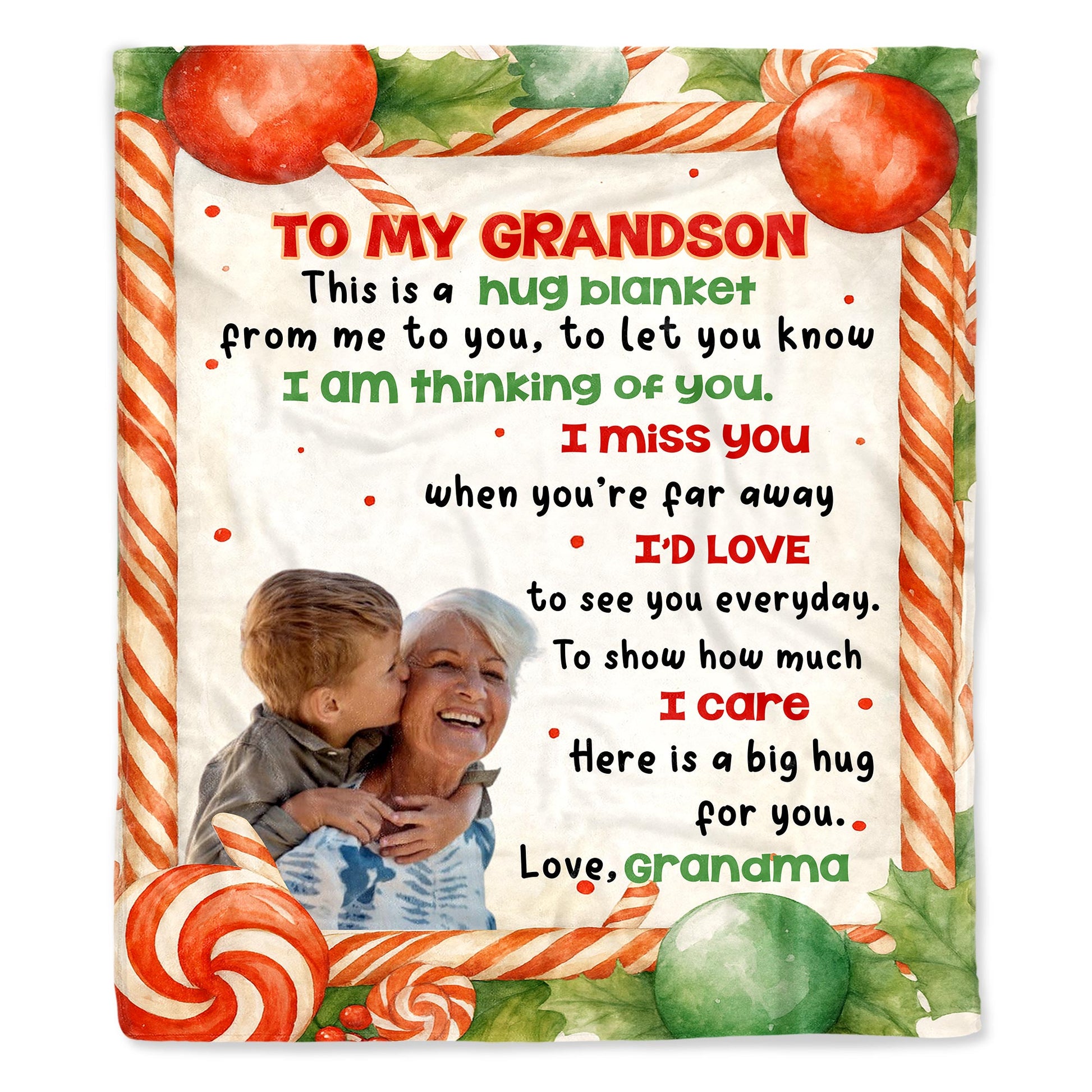 To My Grandson, Hug Blanket With Candy Canes And Holly Leaves