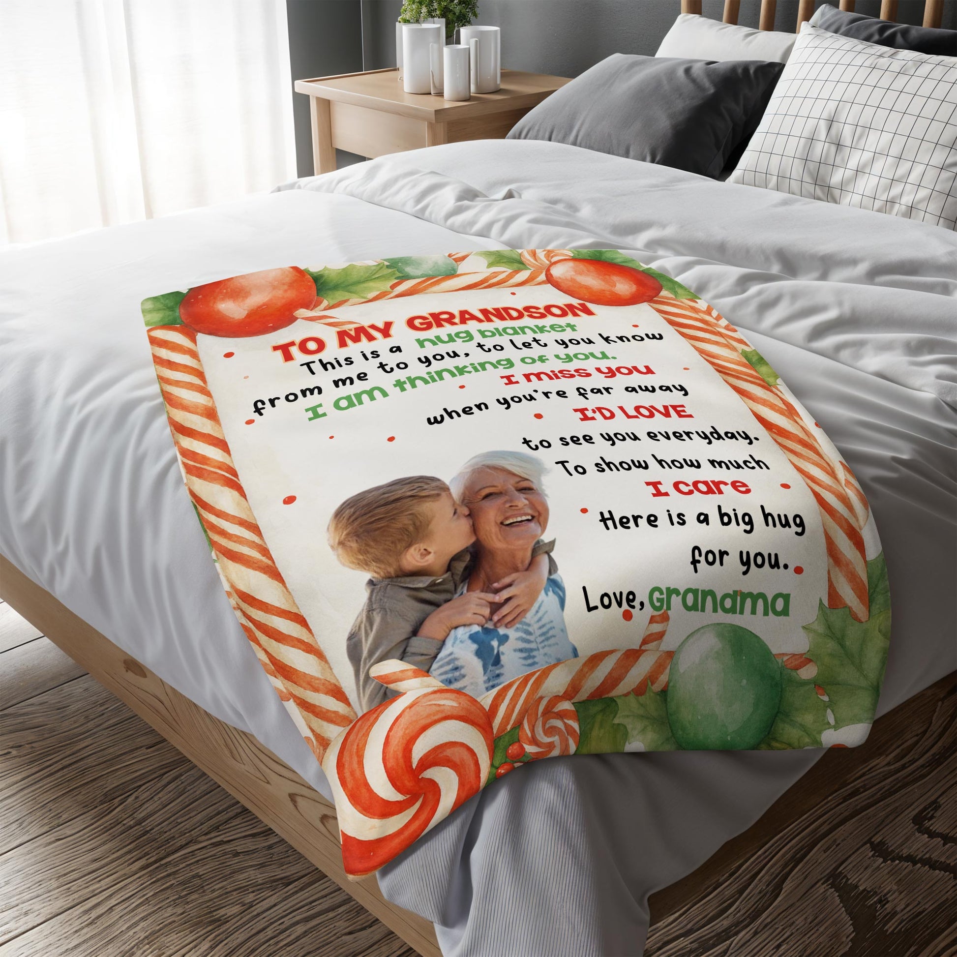 To My Grandson, Hug Blanket With Candy Canes And Holly Leaves