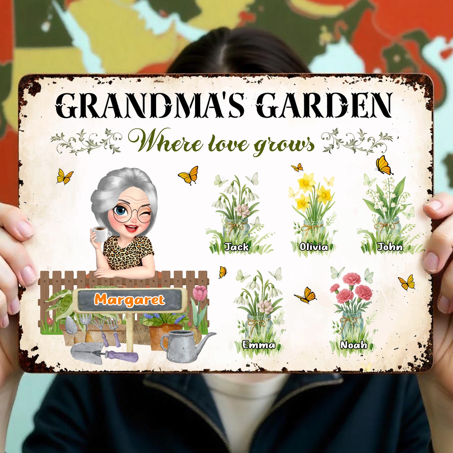 Grandma's Garden Where Love Grows, Flowers and Butterflies - Personalized Metal Sign - GRM007_MSIGN