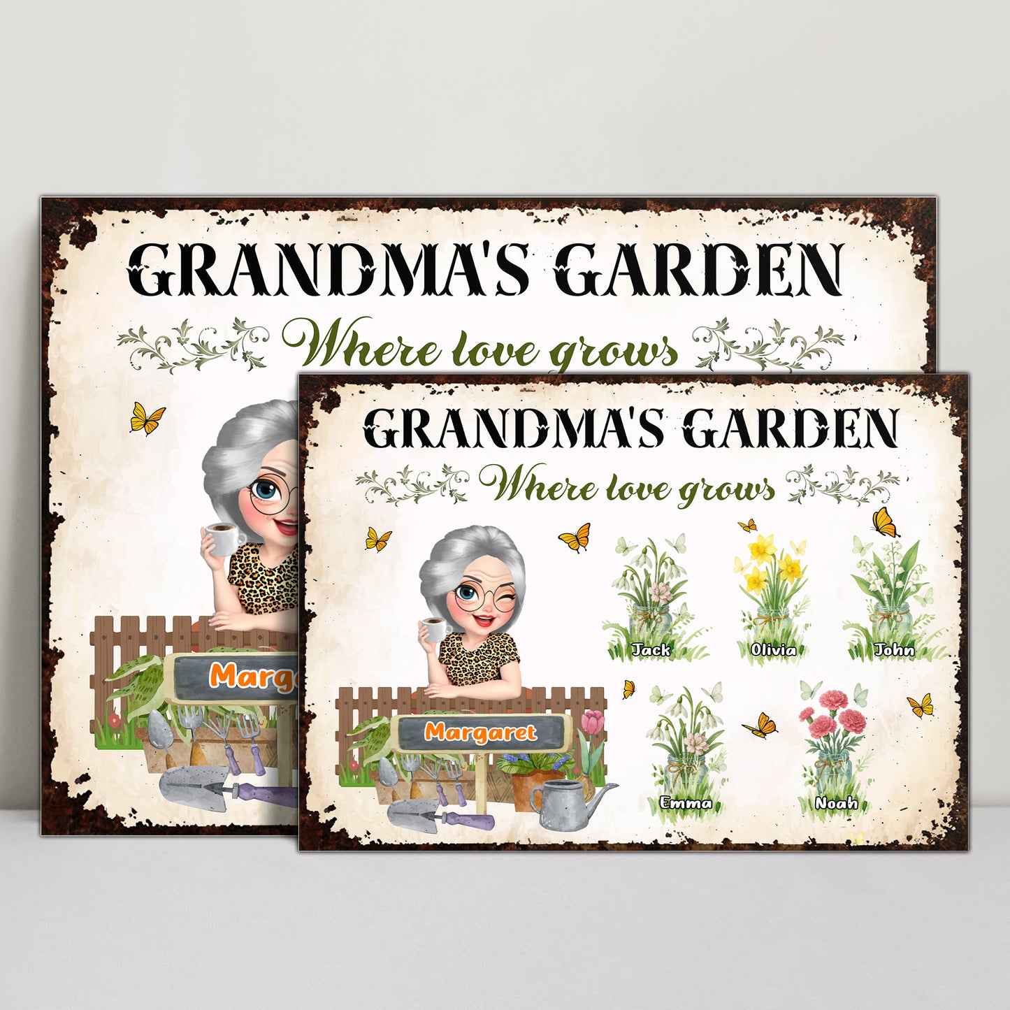 Grandma's Garden Where Love Grows, Flowers and Butterflies - Personalized Metal Sign - GRM007_MSIGN