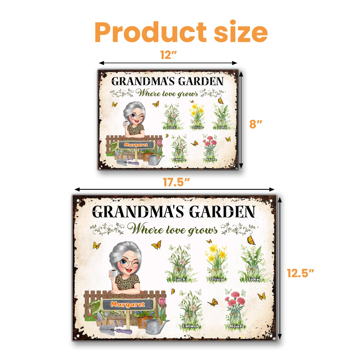 Grandma's Garden Where Love Grows, Flowers and Butterflies - Personalized Metal Sign - GRM007_MSIGN