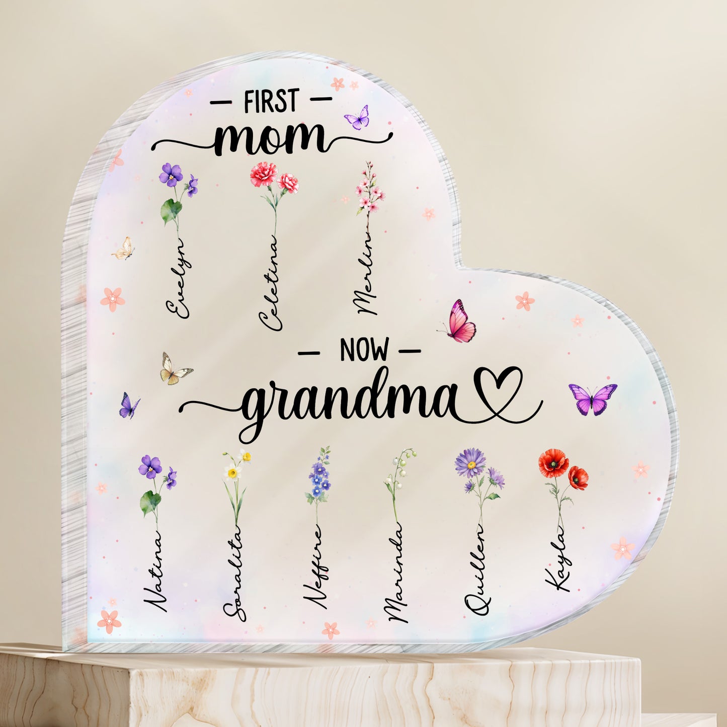 First Mom To Nom Grandma With Flowers And Butterflies Design - Personalized Heart Shaped Acrylic Plaque - GRM019_HAP