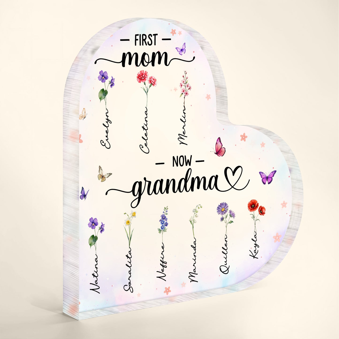First Mom To Nom Grandma With Flowers And Butterflies Design - Personalized Heart Shaped Acrylic Plaque - GRM019_HAP