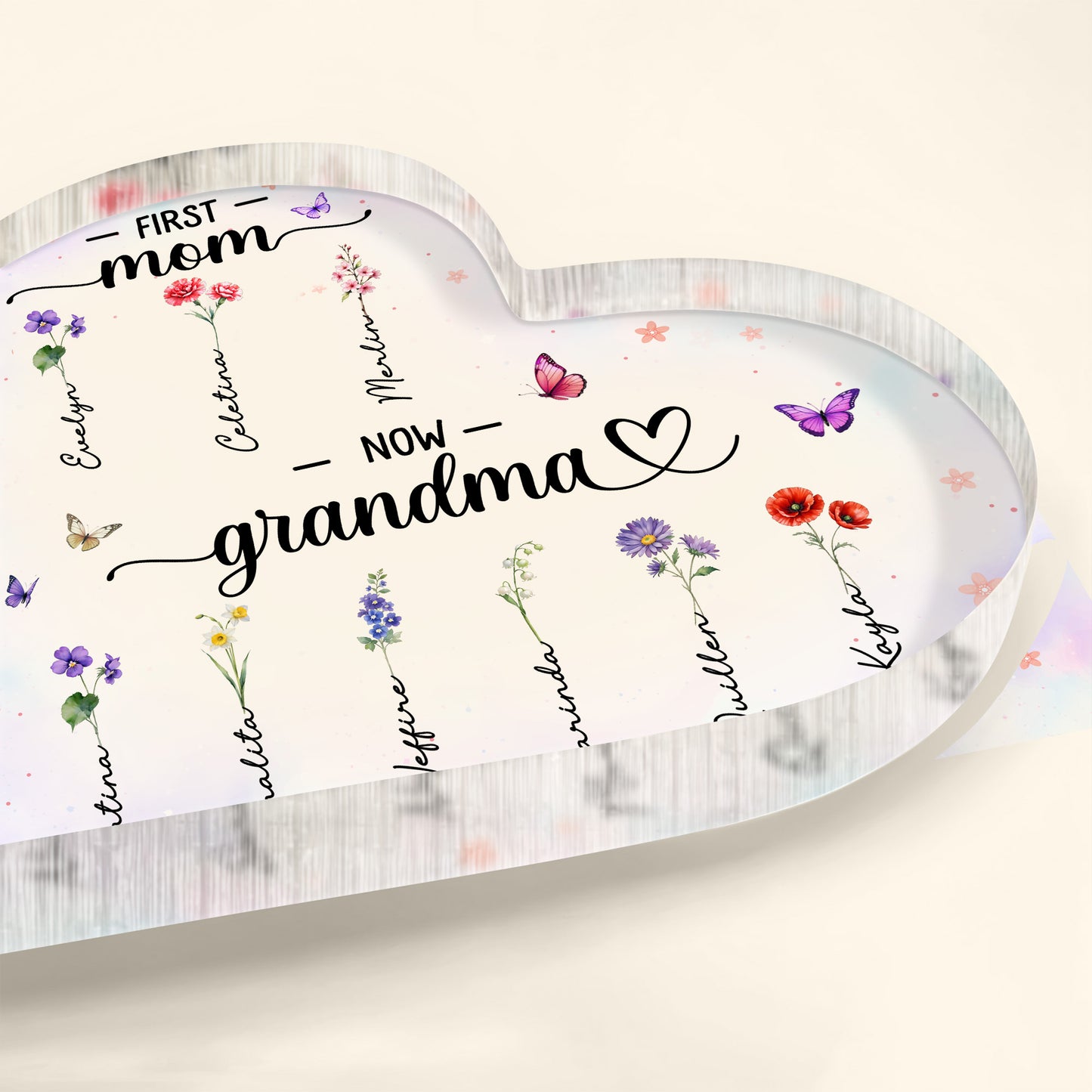 First Mom To Nom Grandma With Flowers And Butterflies Design - Personalized Heart Shaped Acrylic Plaque - GRM019_HAP