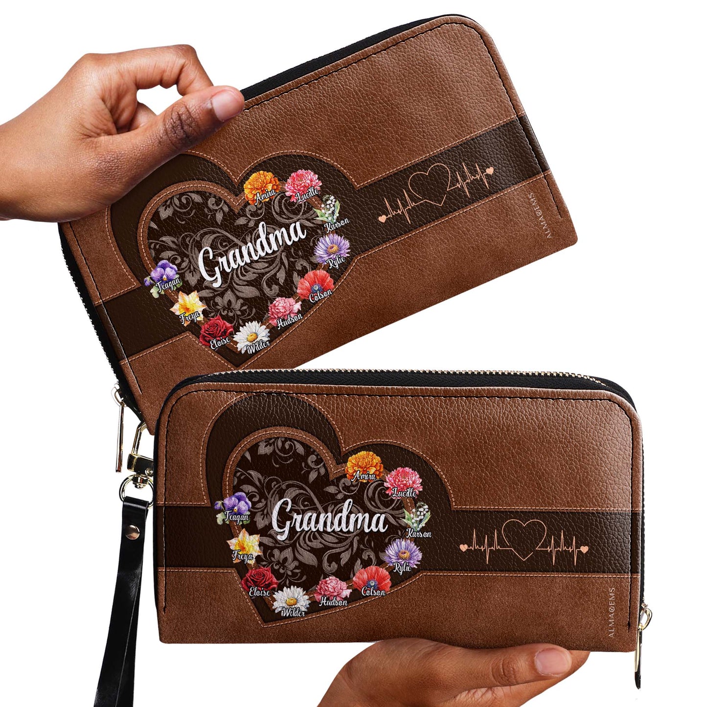 Portefeuille en cuir personnalisé pour femme, motif cœur floral, amour, espoir et sagesse, grand-mère - GRM019_WW