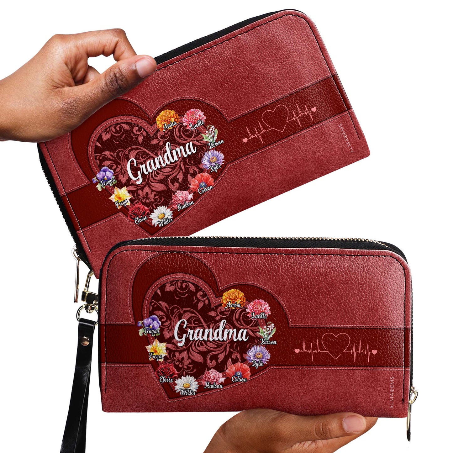 Portefeuille en cuir personnalisé pour femme, motif cœur floral, amour, espoir et sagesse, grand-mère - GRM019_WW