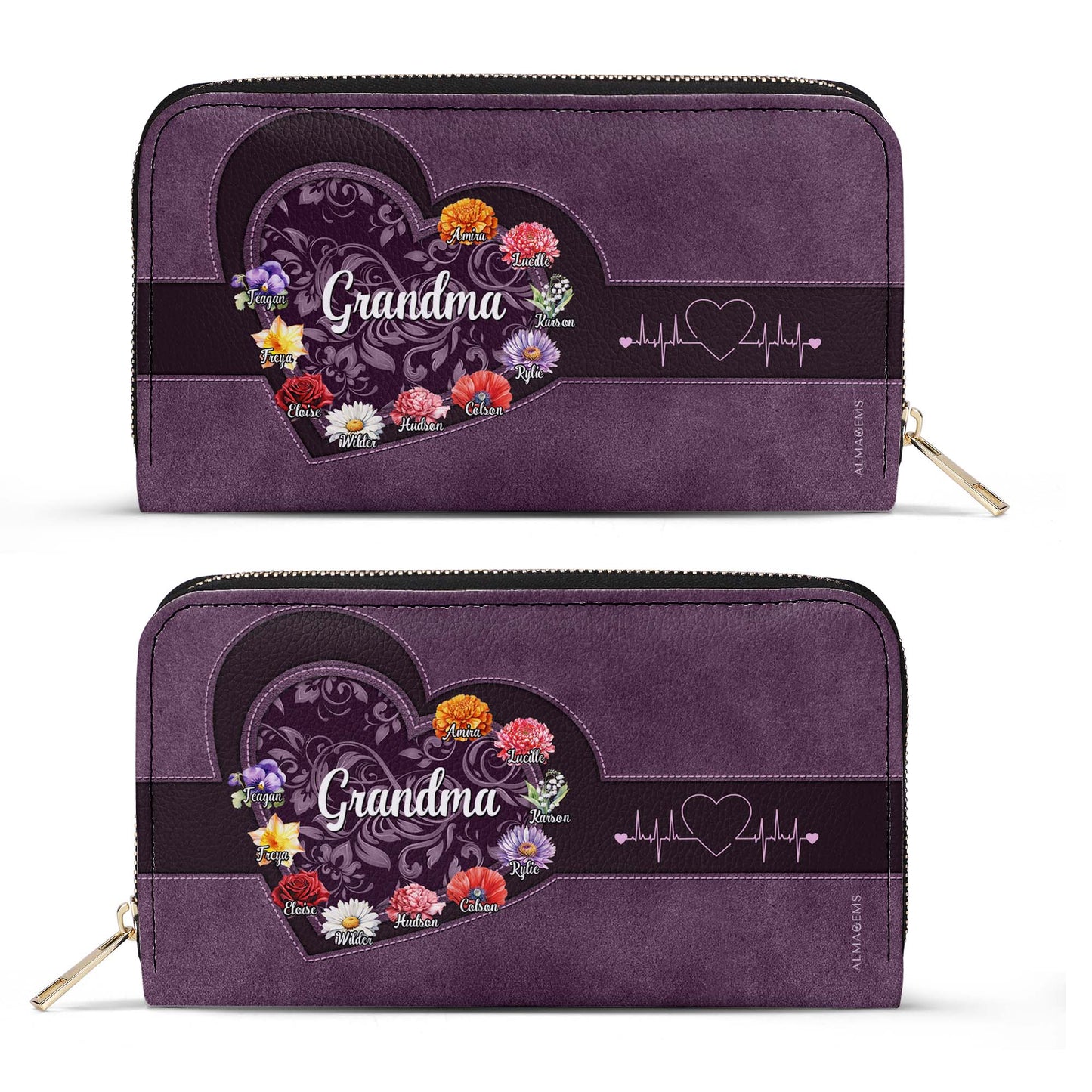 Portefeuille en cuir personnalisé pour femme, motif cœur floral, amour, espoir et sagesse, grand-mère - GRM019_WW