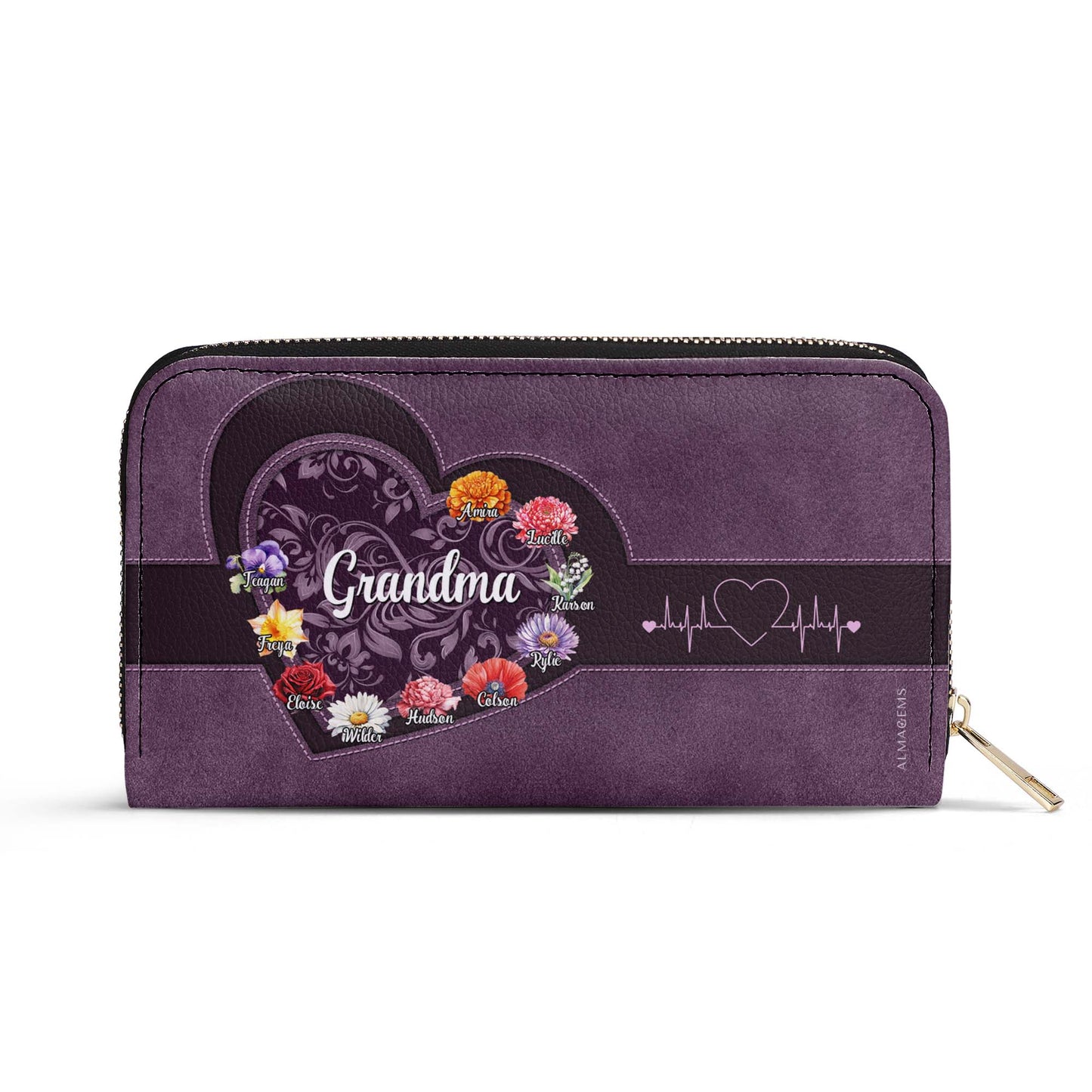 Portefeuille en cuir personnalisé pour femme, motif cœur floral, amour, espoir et sagesse, grand-mère - GRM019_WW