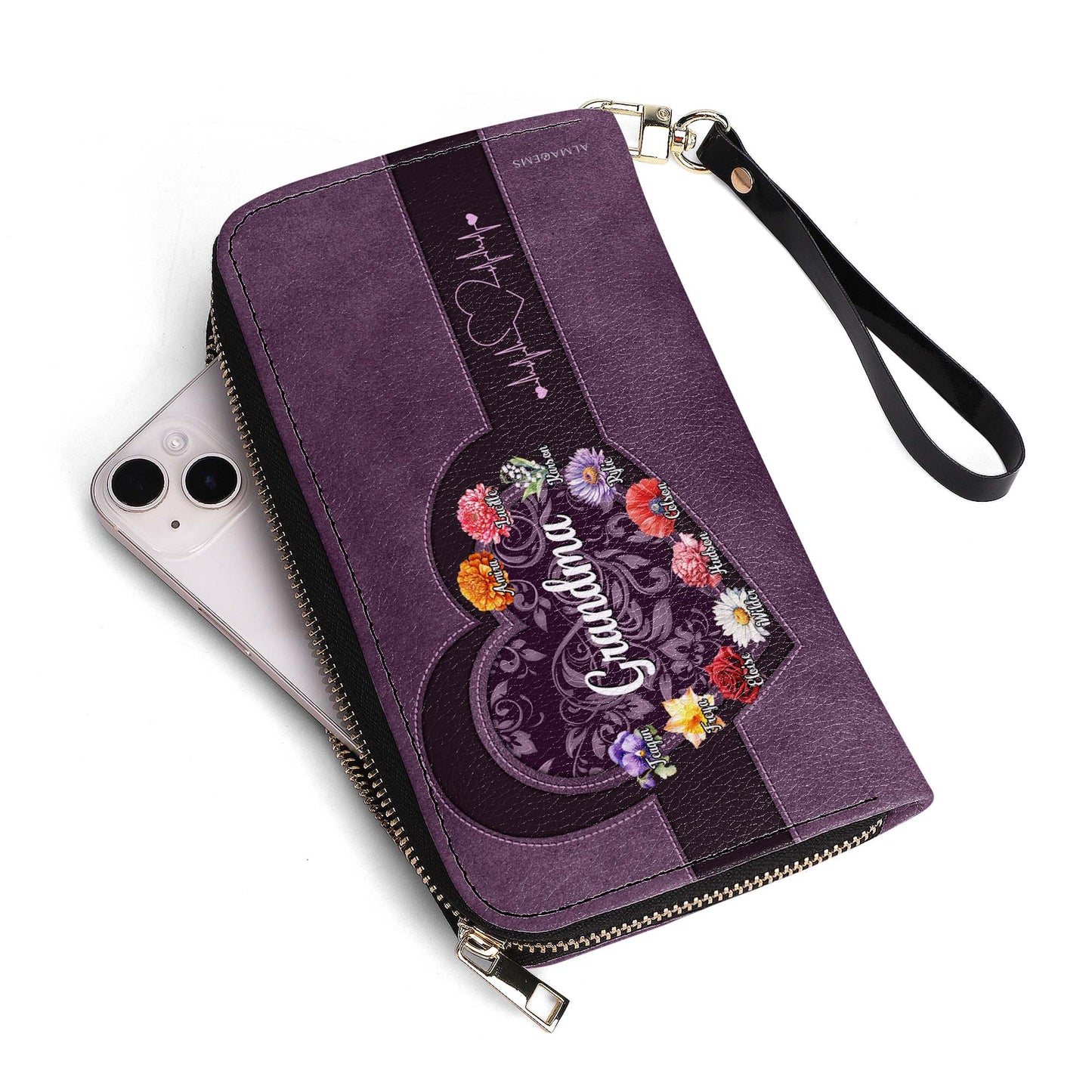 Portefeuille en cuir personnalisé pour femme, motif cœur floral, amour, espoir et sagesse, grand-mère - GRM019_WW