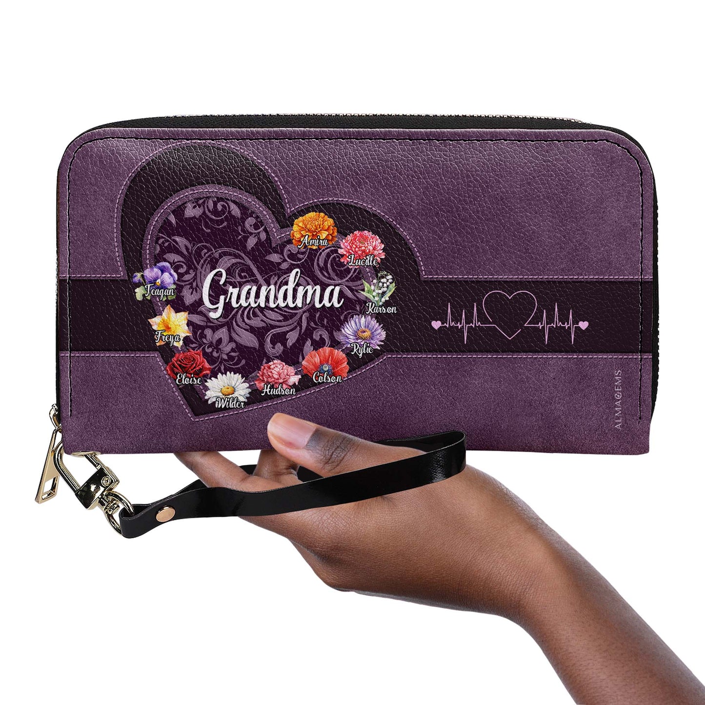 Portefeuille en cuir personnalisé pour femme, motif cœur floral, amour, espoir et sagesse, grand-mère - GRM019_WW