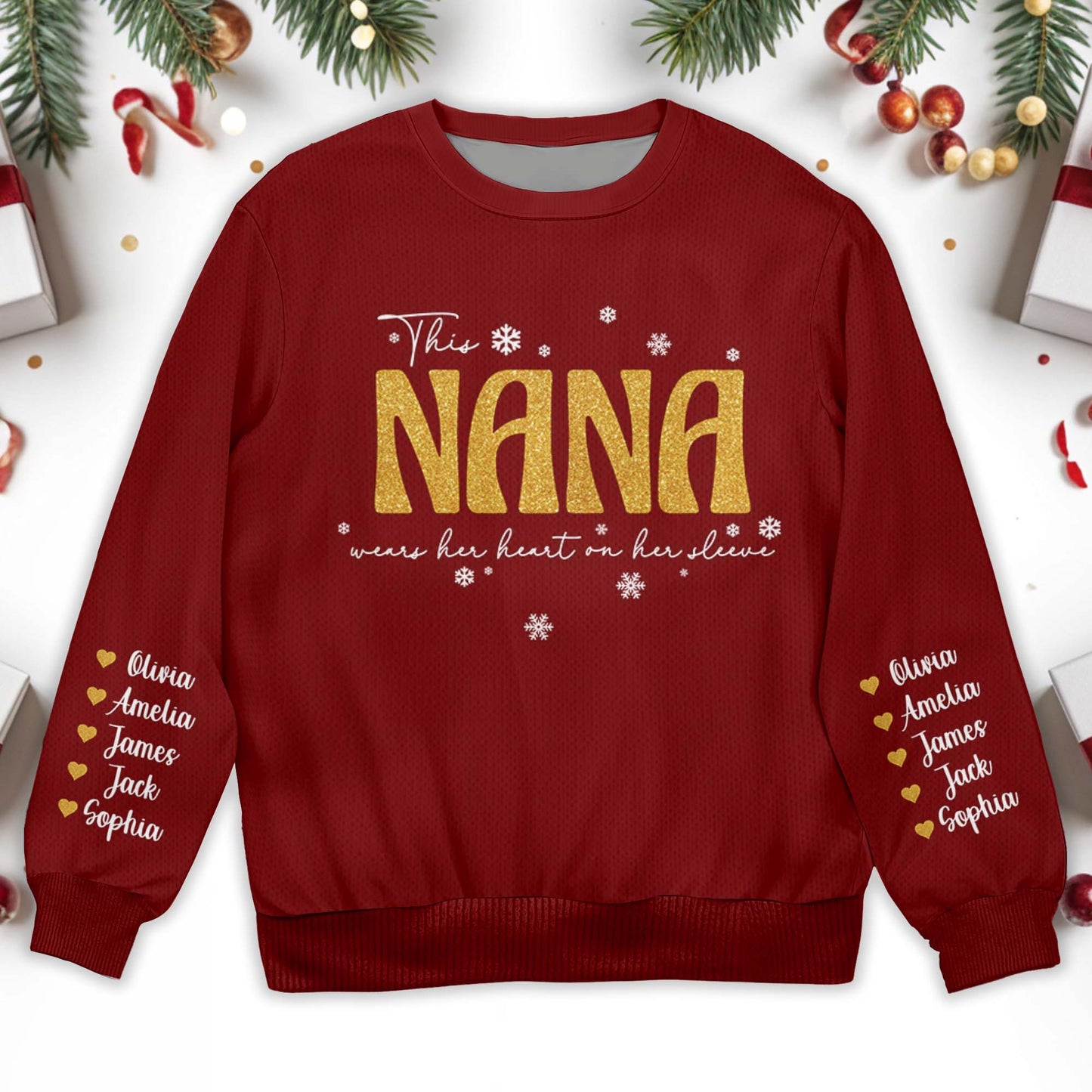 Golden Nana Wears Her Heart On Her Sleeve With Snowflakes - Personalized Custom Ugly Sweatshirt, Unisex Wool Jumper - GRM025_TWS