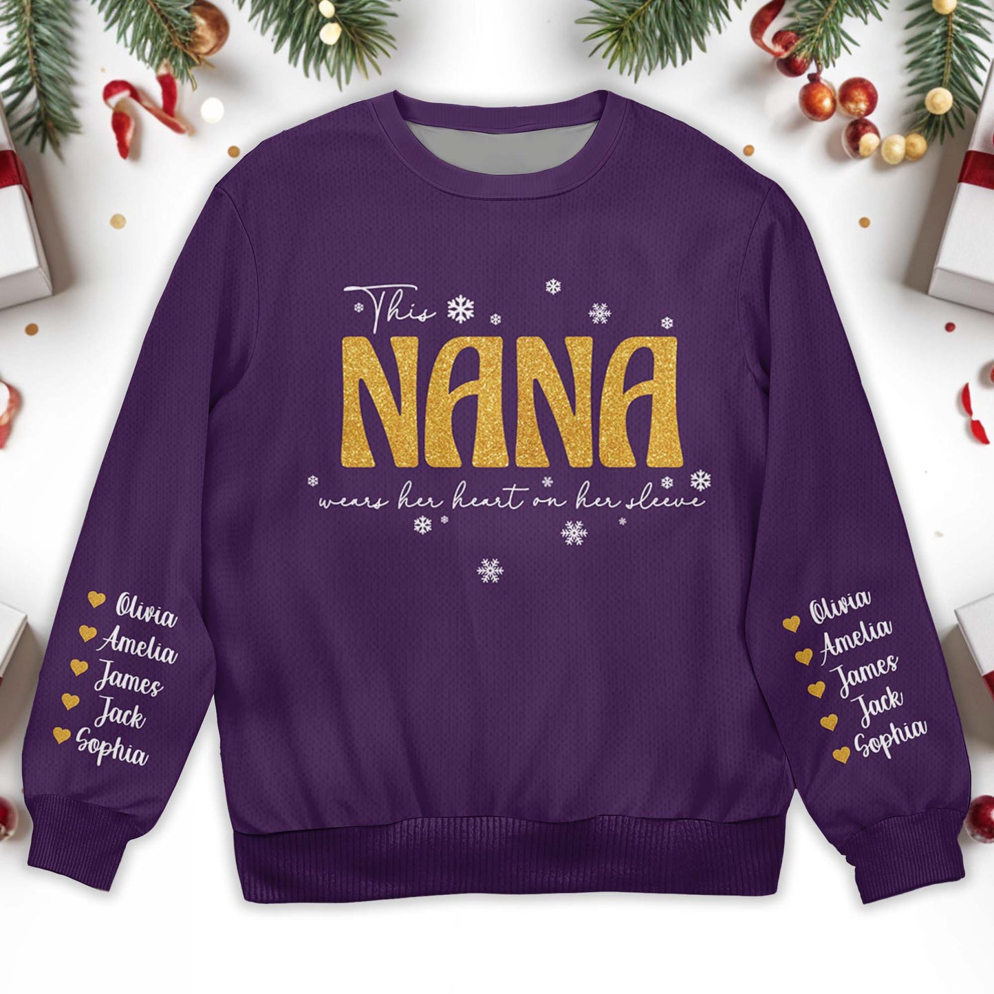 Golden Nana Wears Her Heart On Her Sleeve With Snowflakes - Personalized Custom Ugly Sweatshirt, Unisex Wool Jumper - GRM025_TWS