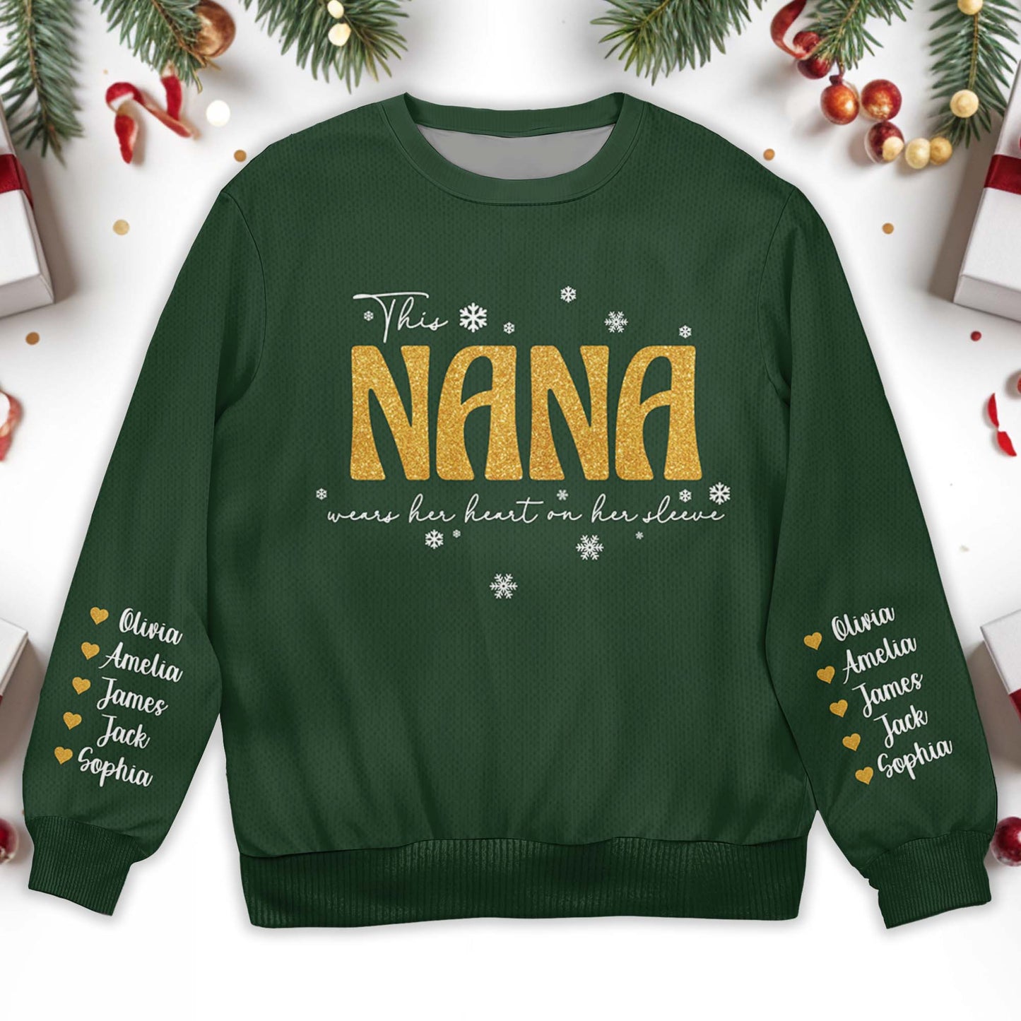 Golden Nana Wears Her Heart On Her Sleeve With Snowflakes - Personalized Custom Ugly Sweatshirt, Unisex Wool Jumper - GRM025_TWS