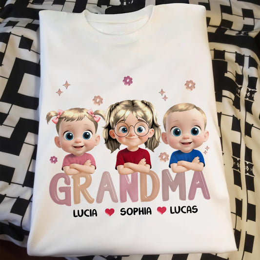 Grandma Lucia, Sophia, Lucas, Cartoon Children and Hearts