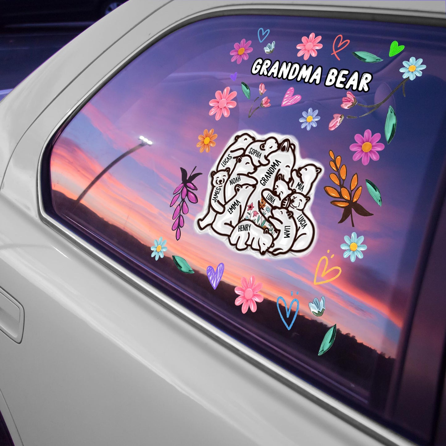 Grandma Bear Surrounded By Flowers and Hearts - Personalized Decor Decal - GRM047_STIK
