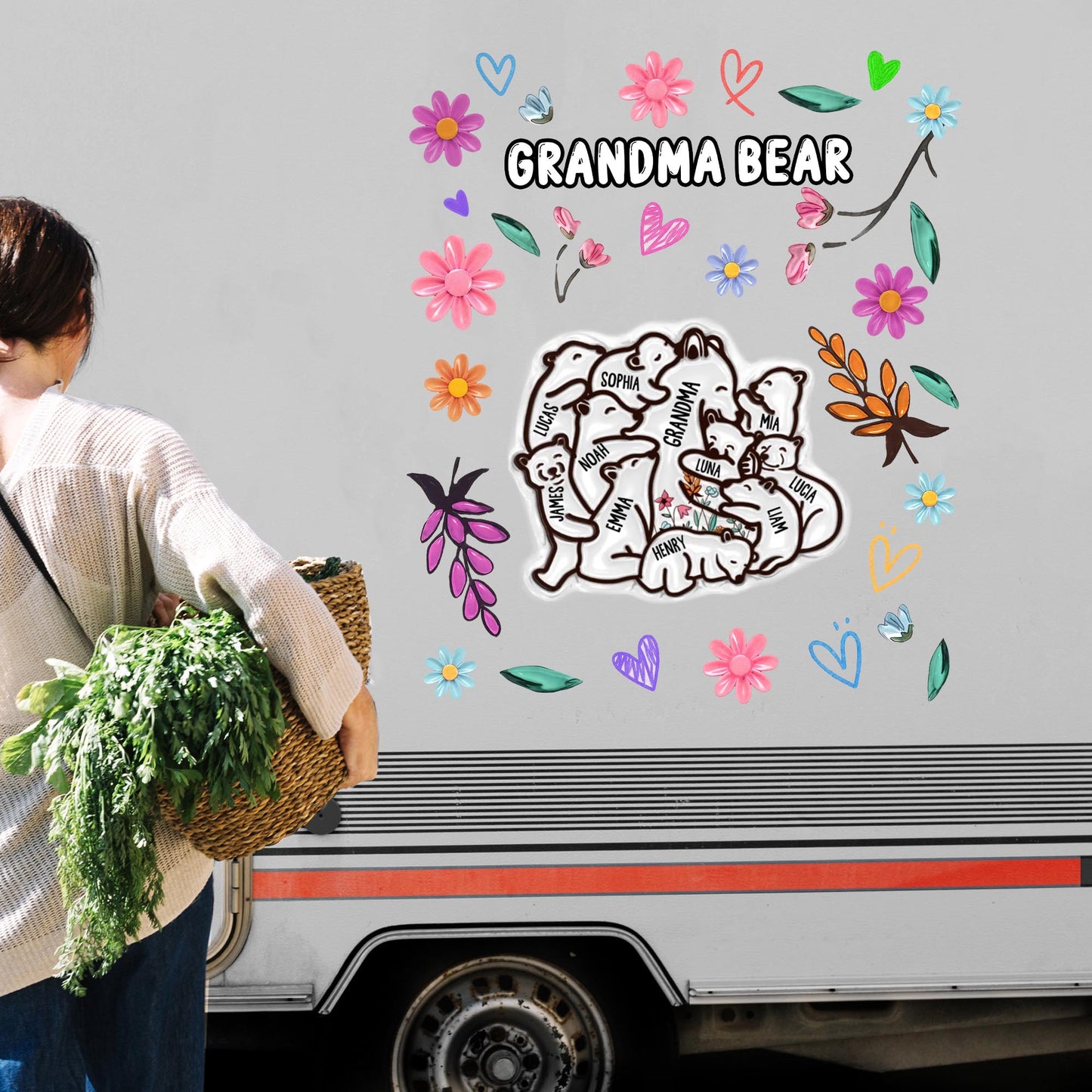 Grandma Bear Surrounded By Flowers and Hearts - Personalized Decor Decal - GRM047_STIK