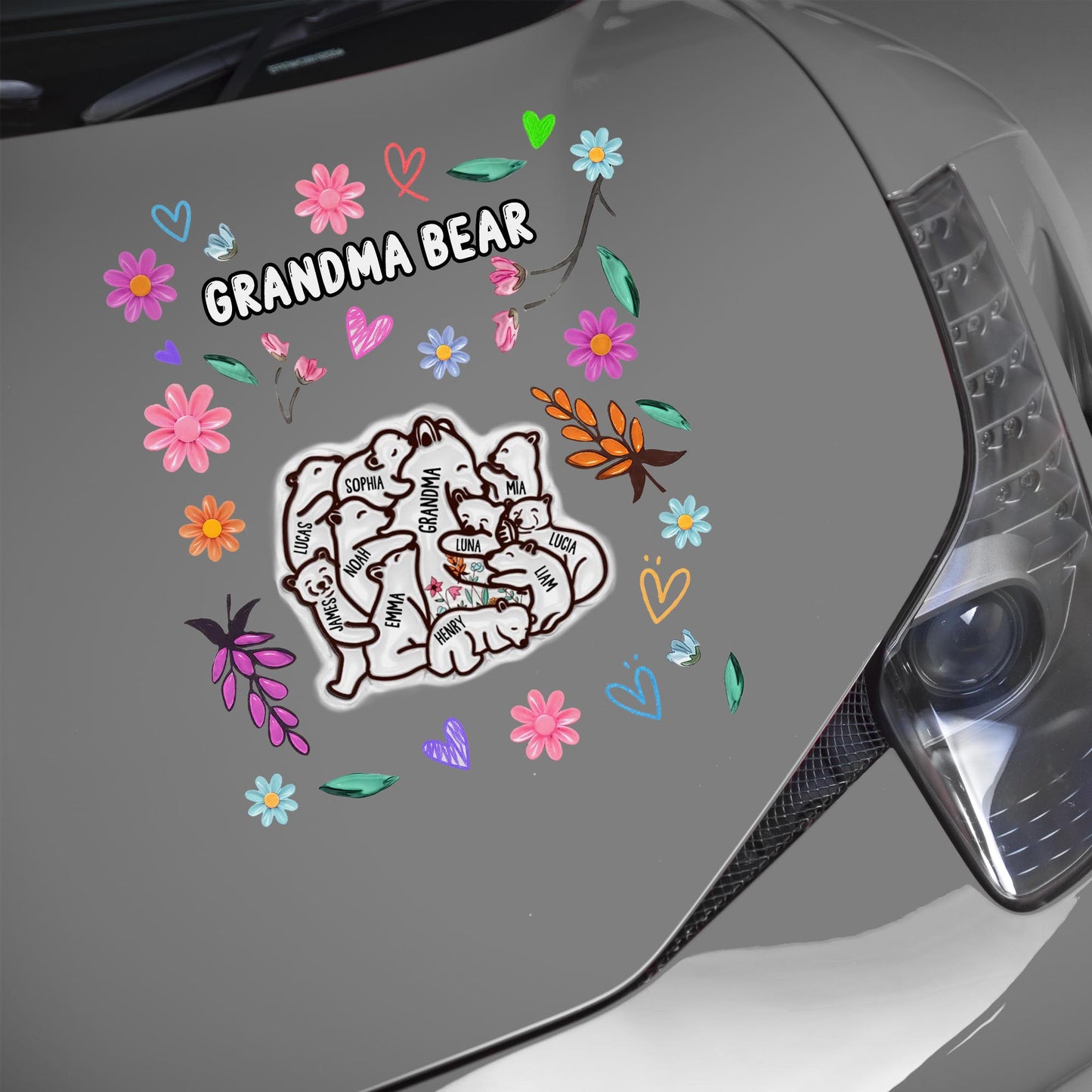 Grandma Bear Surrounded By Flowers and Hearts - Personalized Decor Decal - GRM047_STIK