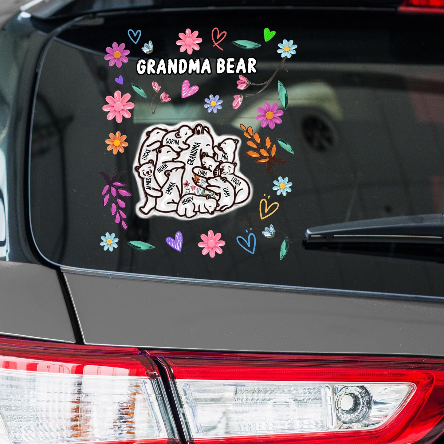 Grandma Bear Surrounded By Flowers and Hearts - Personalized Decor Decal - GRM047_STIK