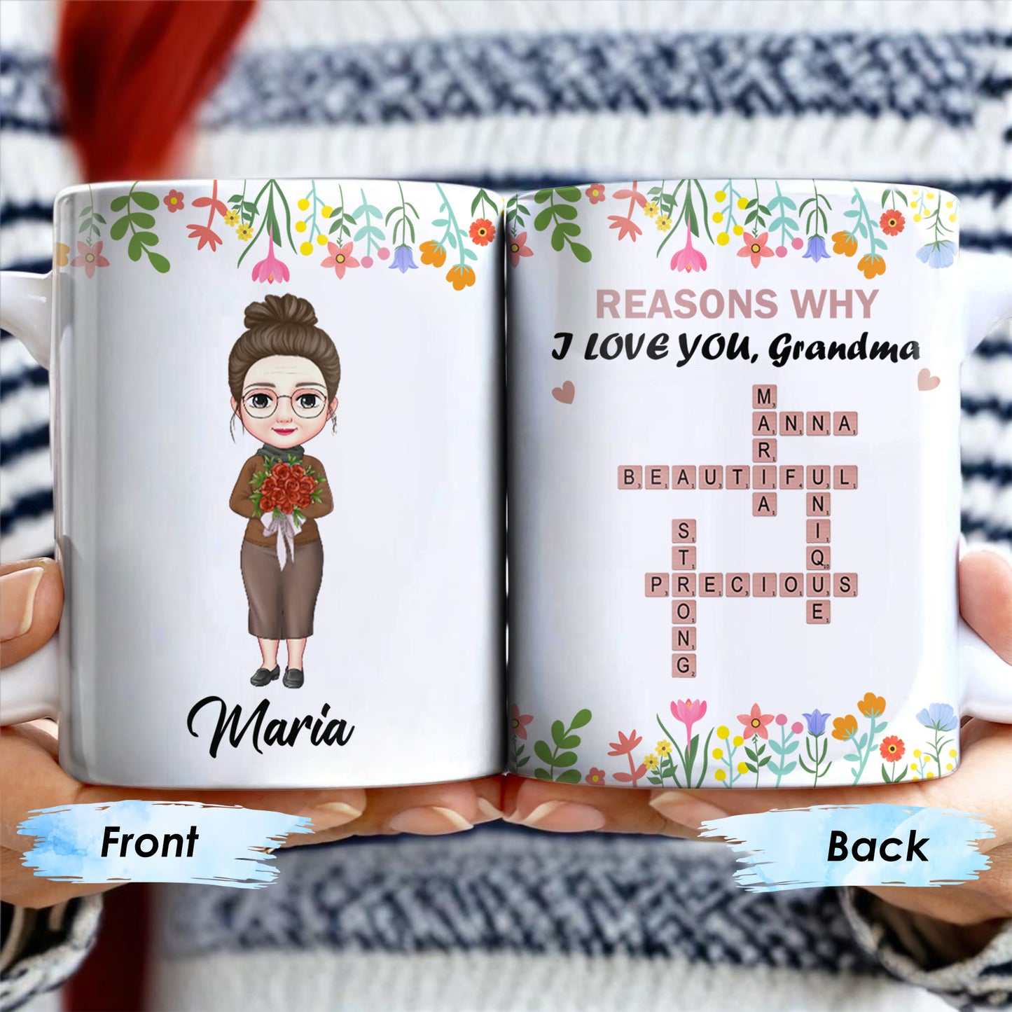 Reasons Why I Love You Grandma Cartoon Character Floral Mug - Personalized Custom Coffee Mug - GRM051_MG