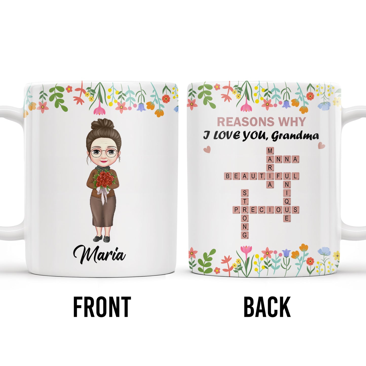 Reasons Why I Love You Grandma Cartoon Character Floral Mug - Personalized Custom Coffee Mug - GRM051_MG