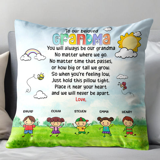Beloved Grandma Custom Pillow With Children and Rainbow Design