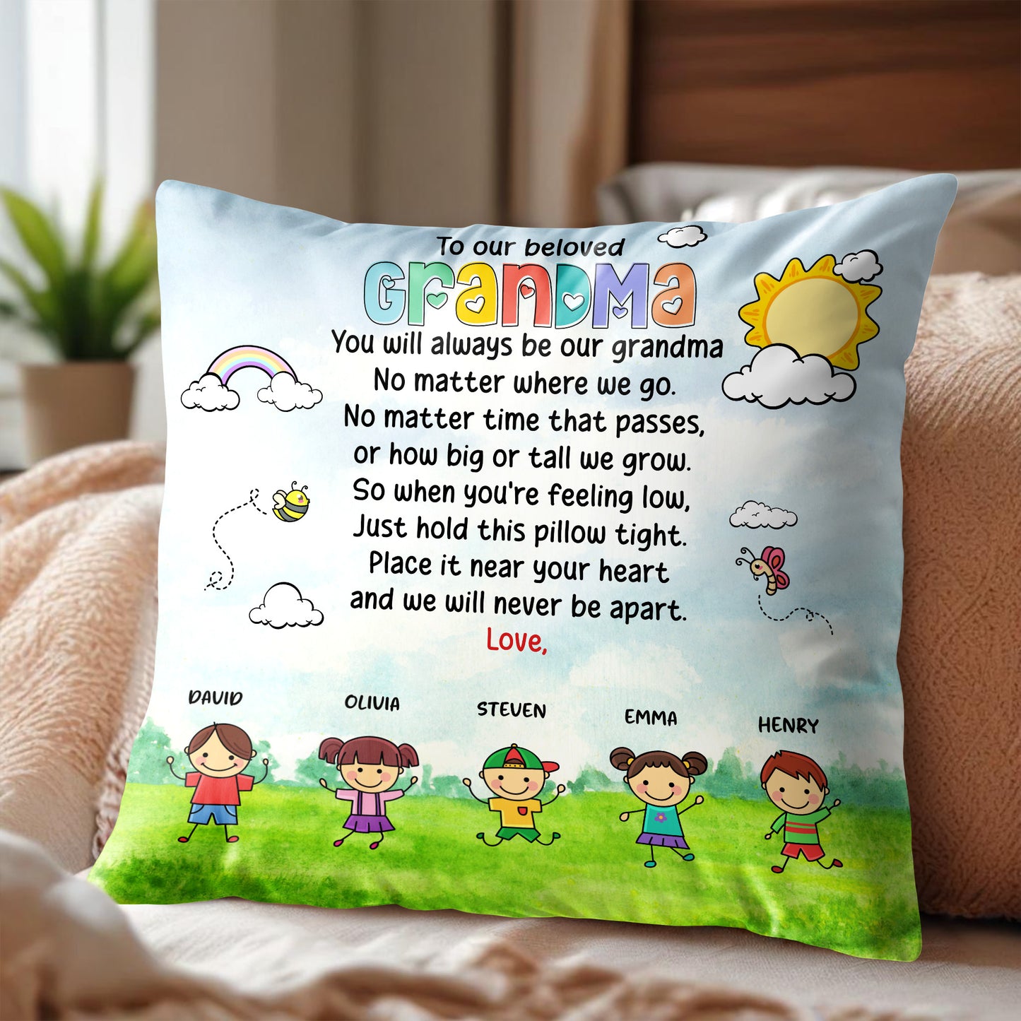 Beloved Grandma Custom Pillow With Children and Rainbow Design