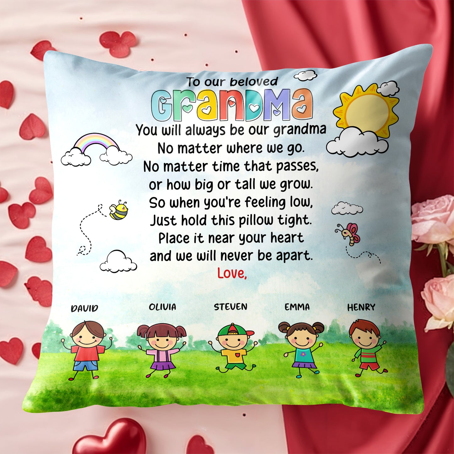 Beloved Grandma Custom Pillow With Children and Rainbow Design