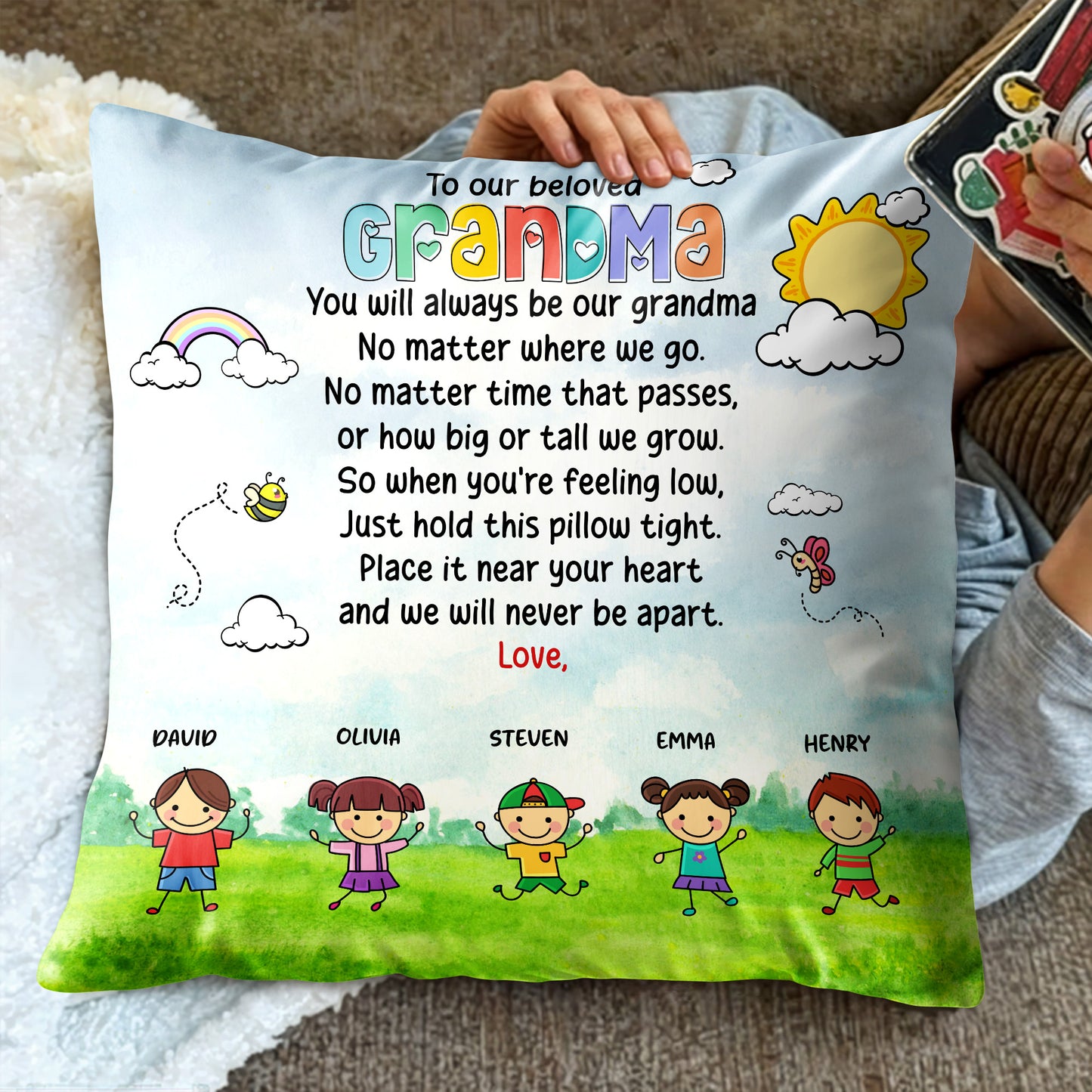 Beloved Grandma Custom Pillow With Children and Rainbow Design