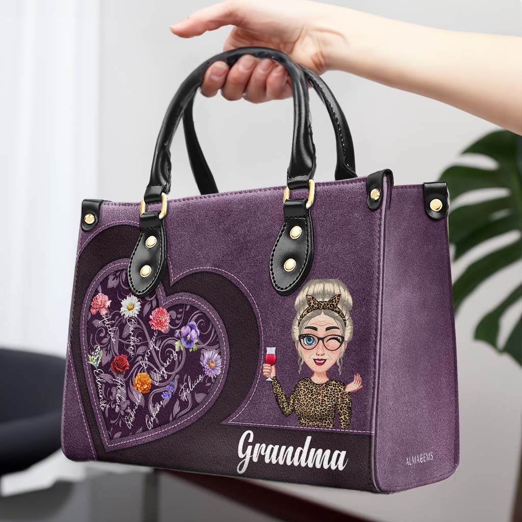 To Grandma With Love Forever Heart And Flowers Design - Personalized Custom Leather Handbag - GRM058_HB