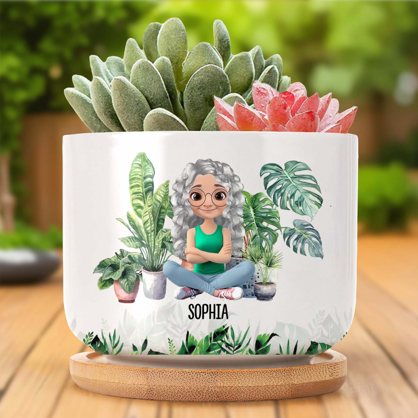 Personalized Ceramic Plant Pot Featuring Plants And A Customizable Figure