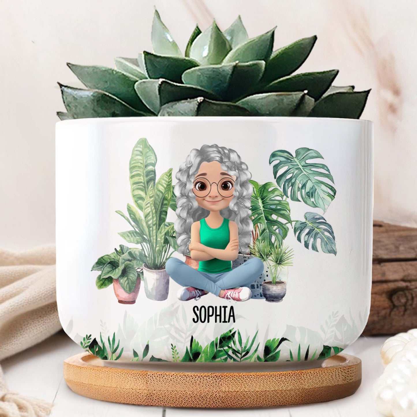 Personalized Ceramic Plant Pot Featuring Plants And A Customizable Figure