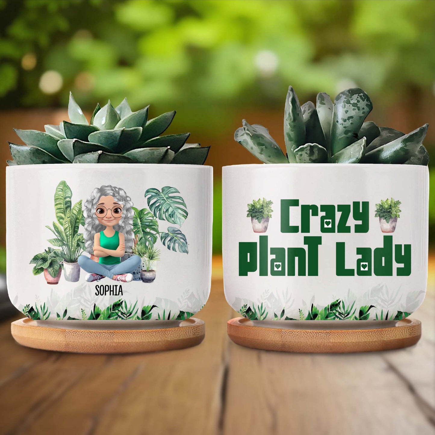 Personalized Ceramic Plant Pot Featuring Plants And A Customizable Figure