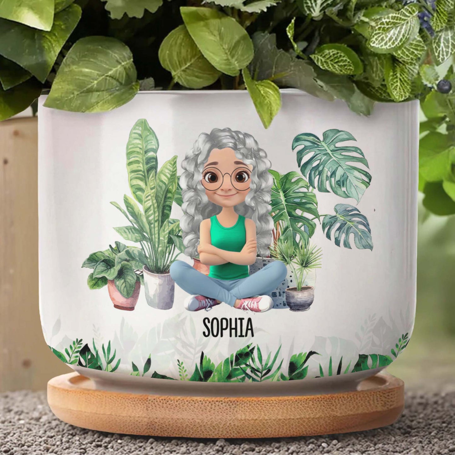 Personalized Ceramic Plant Pot Featuring Plants And A Customizable Figure