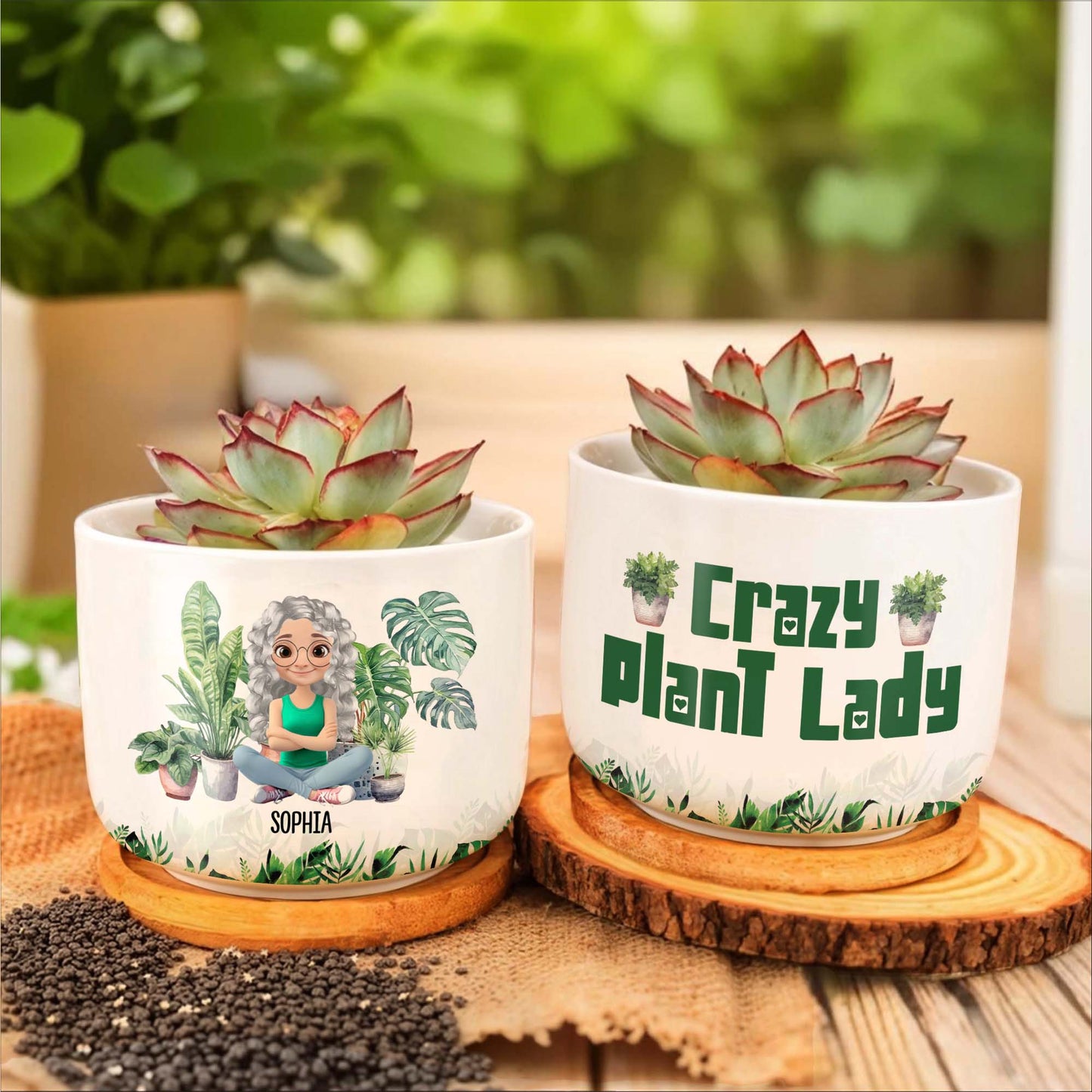 Personalized Ceramic Plant Pot Featuring Plants And A Customizable Figure