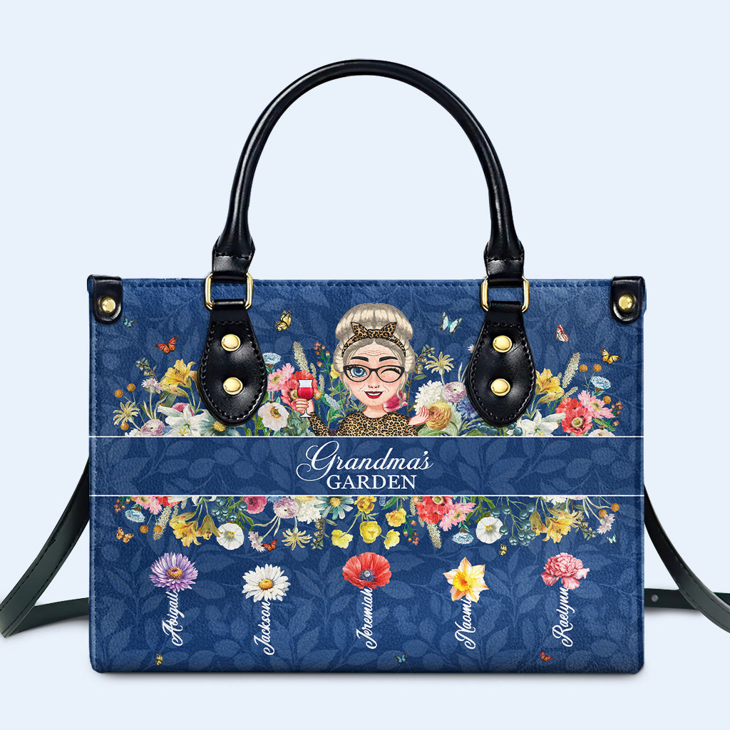 Grandma's Garden With Flowers And Butterflies - Personalized Custom Leather Handbag - GRM059_HB