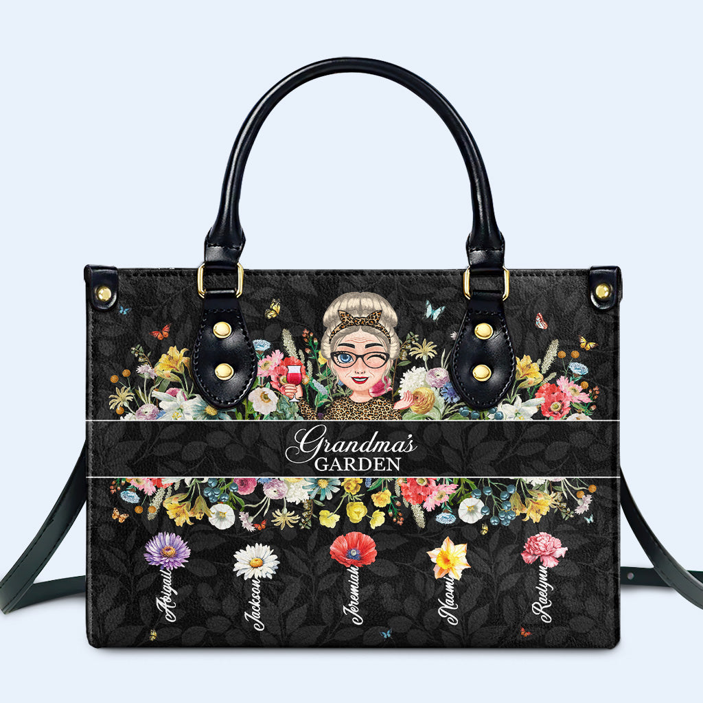 Grandma's Garden With Flowers And Butterflies - Personalized Custom Leather Handbag - GRM059_HB