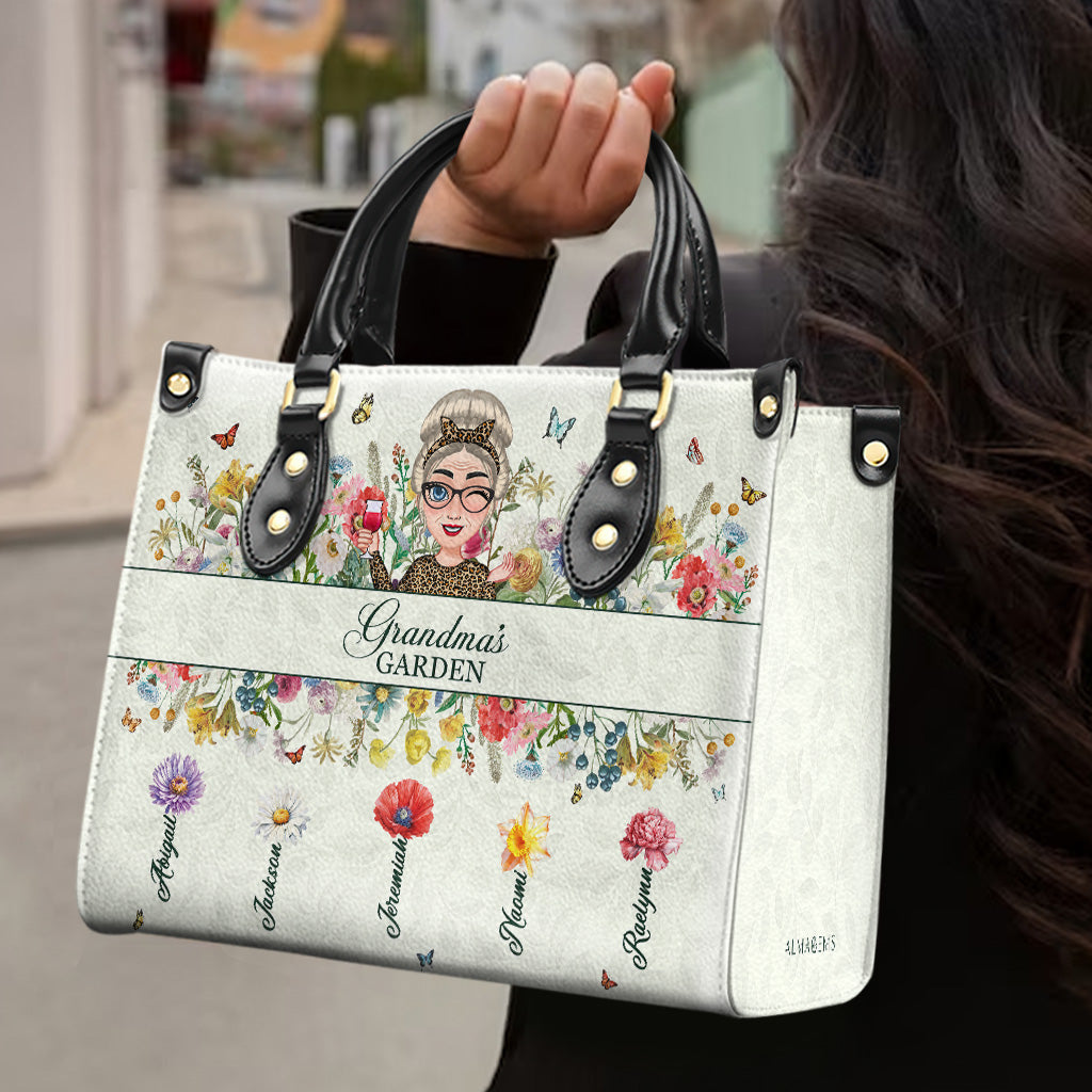 Grandma's Garden With Flowers And Butterflies - Personalized Custom Leather Handbag - GRM059_HB