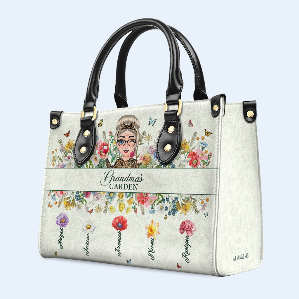 Grandma's Garden With Flowers And Butterflies - Personalized Custom Leather Handbag - GRM059_HB