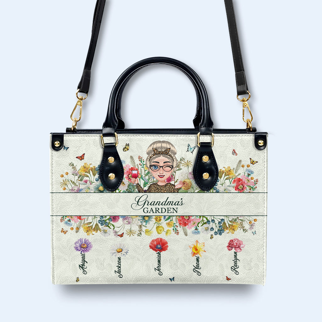 Grandma's Garden With Flowers And Butterflies - Personalized Custom Leather Handbag - GRM059_HB