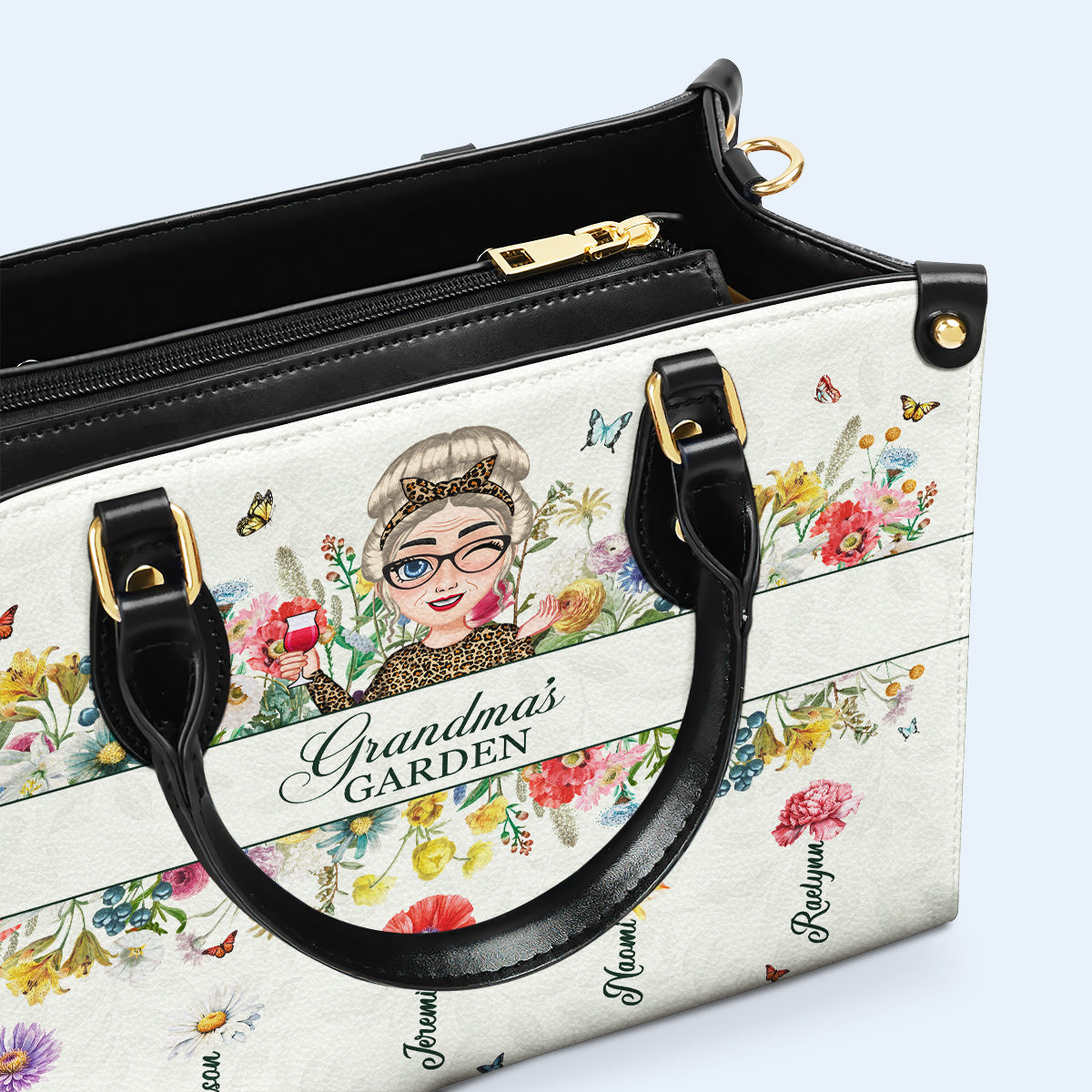 Grandma's Garden With Flowers And Butterflies - Personalized Custom Leather Handbag - GRM059_HB