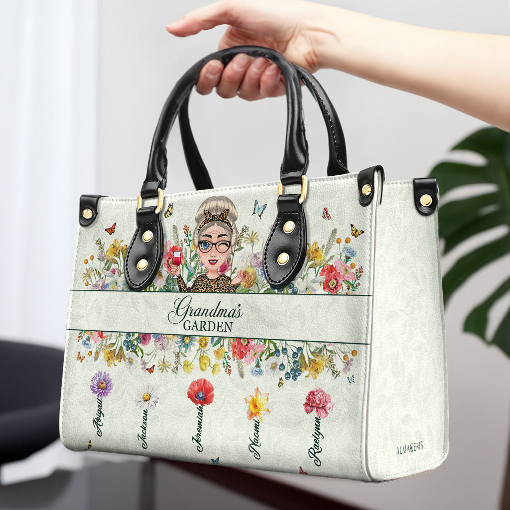 Grandma's Garden With Flowers And Butterflies - Personalized Custom Leather Handbag - GRM059_HB